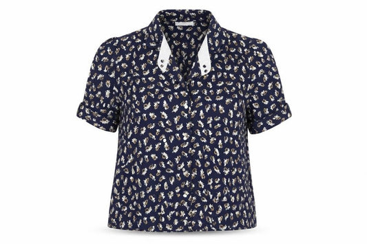 Front view of Berkertex women’s blue geometric polyester basic button-up, size UK 18, collared