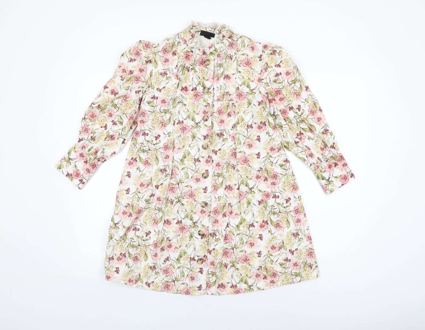 Topshop Womens White Floral Cotton Basic Button-Up Size 8 Round Neck