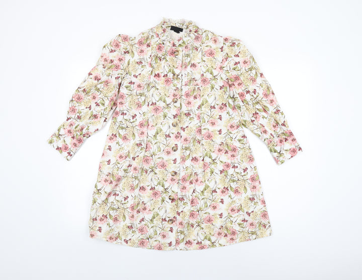 Topshop Womens White Floral Cotton Basic Button-Up Size 8 Round Neck