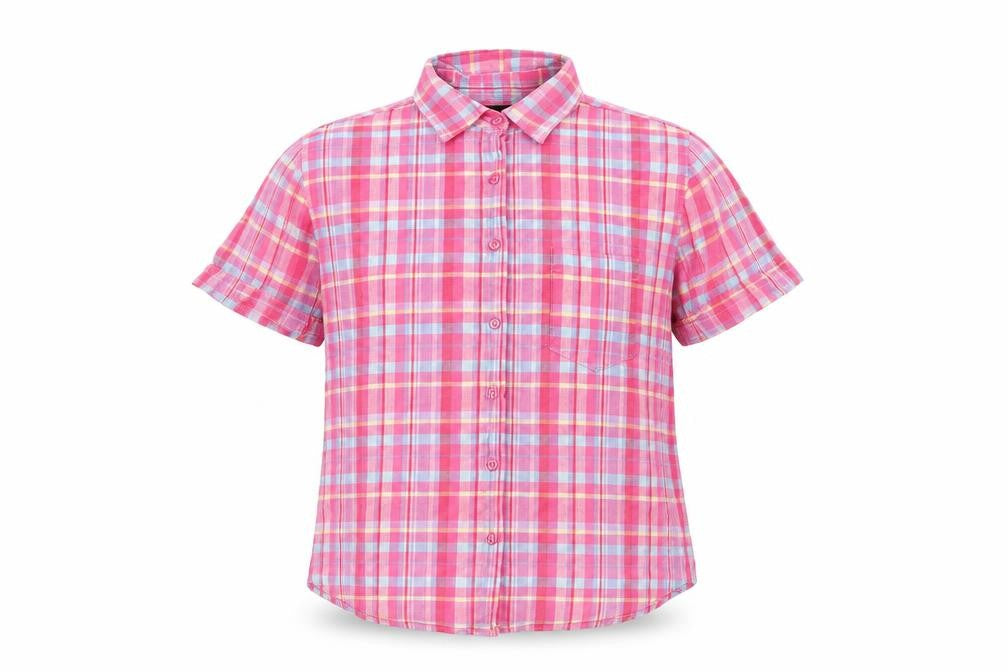 Front view of Republique boys’ pink plaid cotton basic button-up, size L, collared button