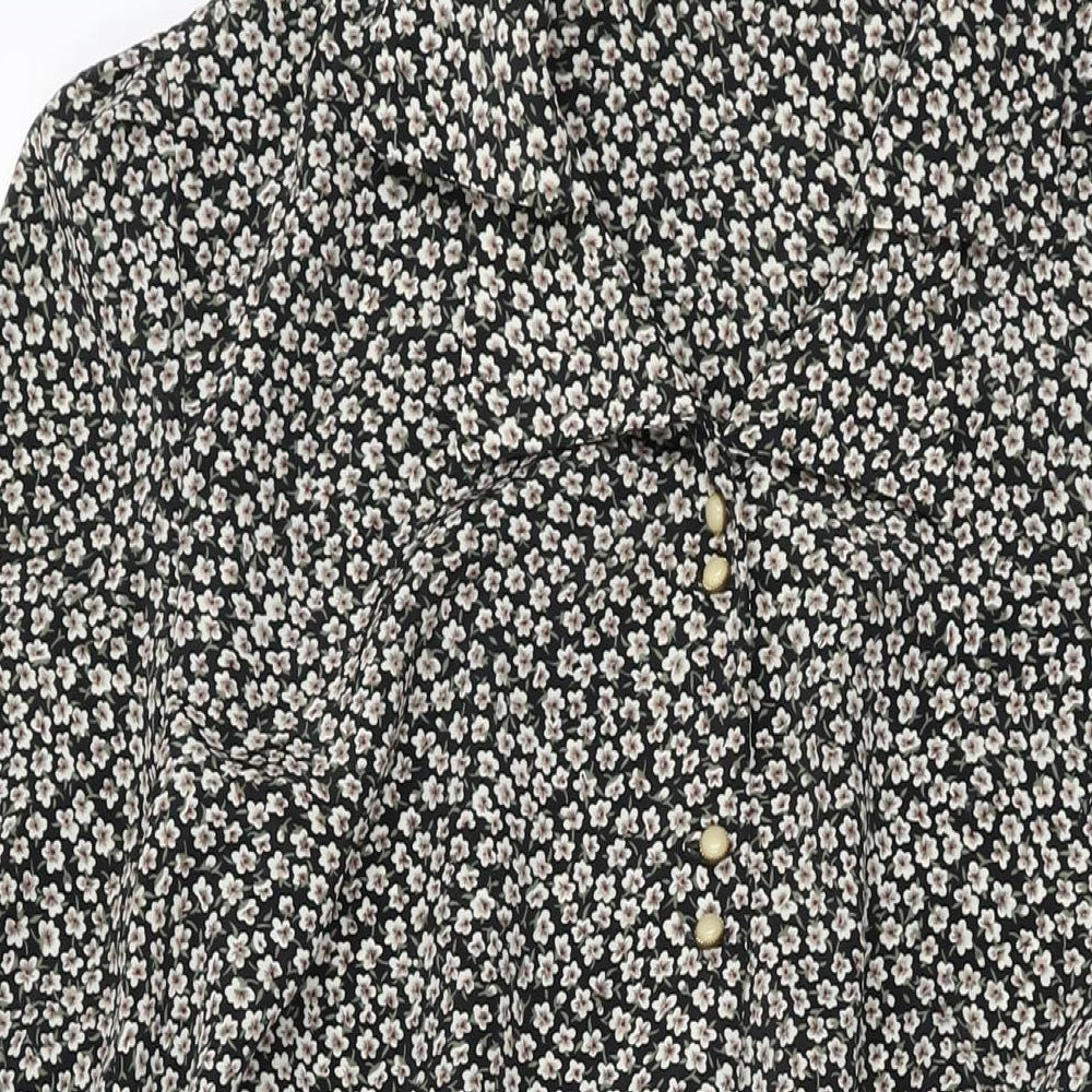 Anne Brooks Womens Black Floral Polyester A-Line Size 18 Collared Button