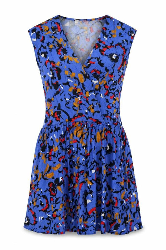 Front view of Closet women’s blue geometric viscose skater dress, size UK 10, v-neck pullover