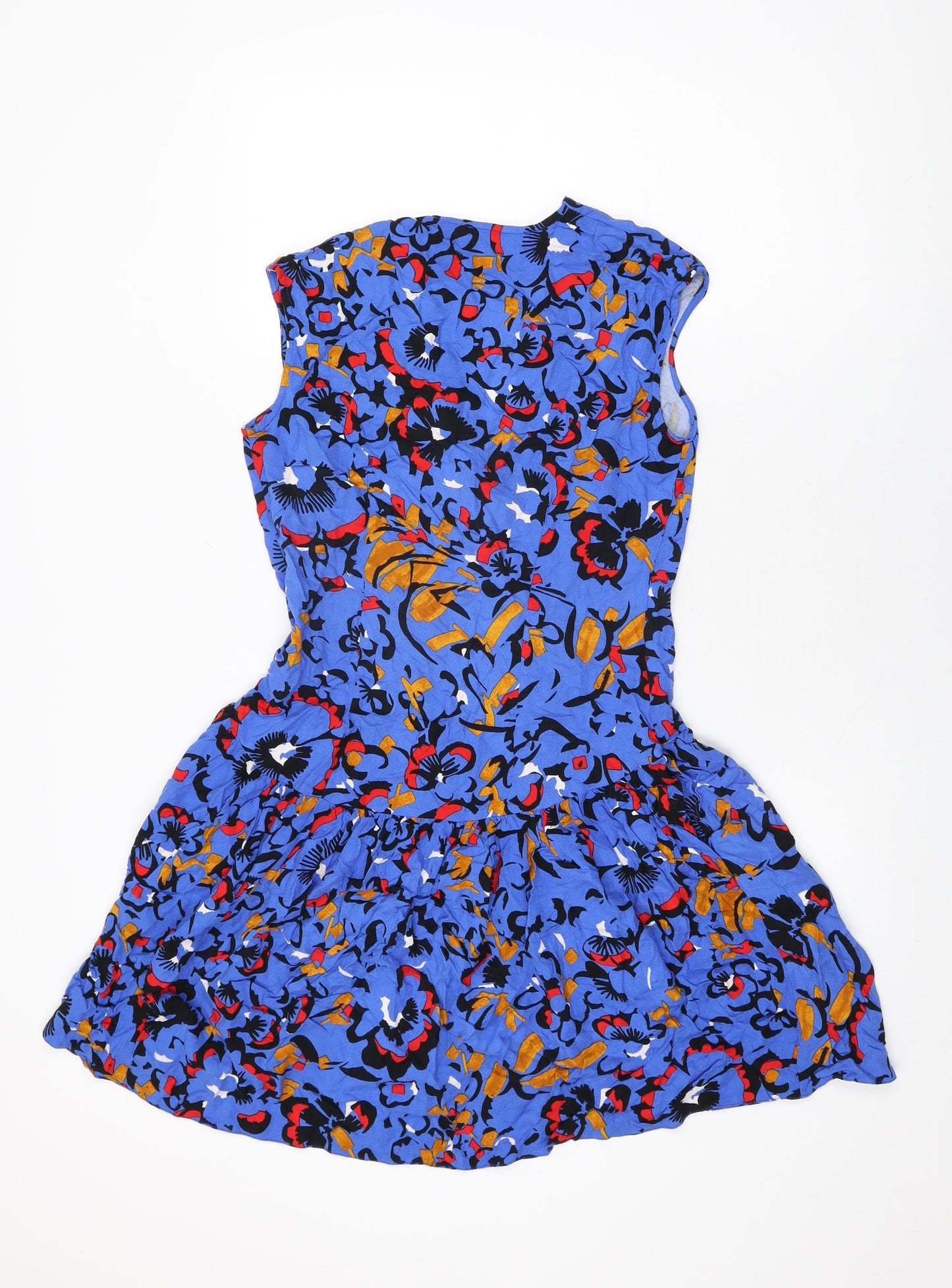 Closet Womens Blue Geometric Viscose Skater Dress Size 10 V-Neck Pullover