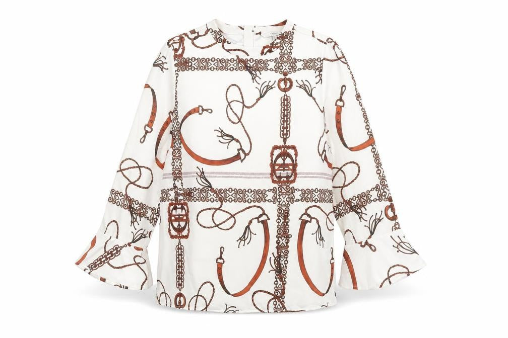 Front view of Next women’s ivory geometric polyester basic blouse, size UK 14, round neck