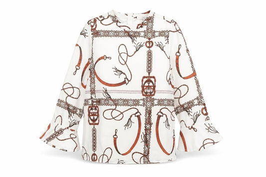Front view of Next women’s ivory geometric polyester basic blouse, size UK 14, round neck
