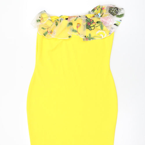 Ayanapa Womens Yellow Floral Polyester Bodycon Size 14 Off the Shoulder Pullover