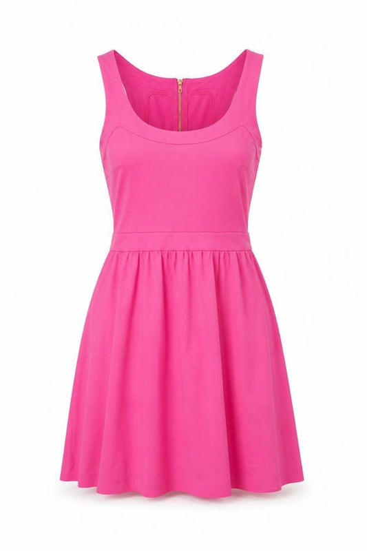 Front view of Cynthia Rowley women’s pink nylon skater dress, size S, scoop neck zip