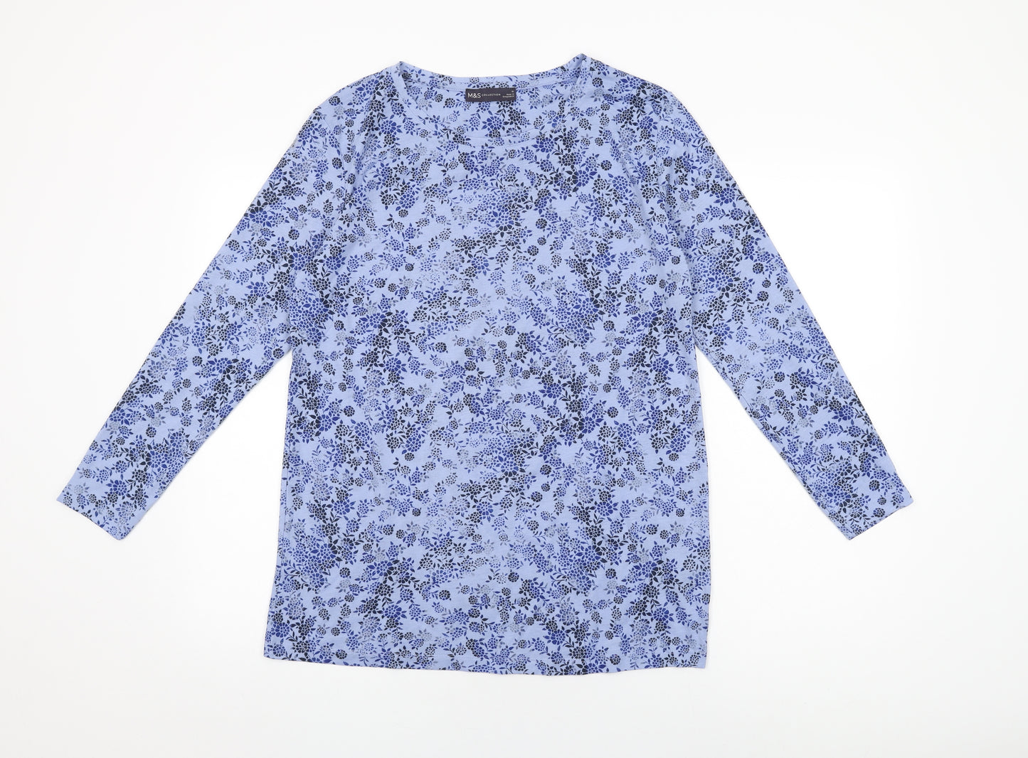 Marks and Spencer Womens Blue Floral Polyester Basic T-Shirt Size 10 Round Neck