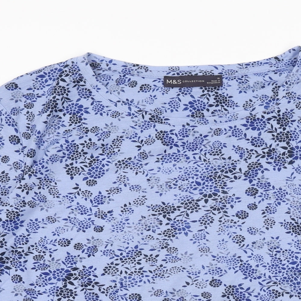 Marks and Spencer Womens Blue Floral Polyester Basic T-Shirt Size 10 Round Neck
