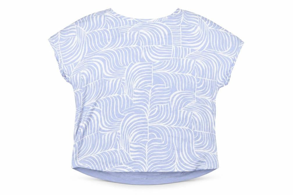 Front view of Marks & Spencer women’s blue geometric polyester basic blouse, size UK 14, round neck
