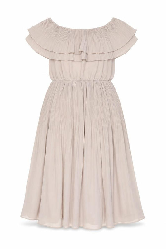 Front view of H&M women’s pink polyester a-line, size UK 6, off the shoulder pullover
