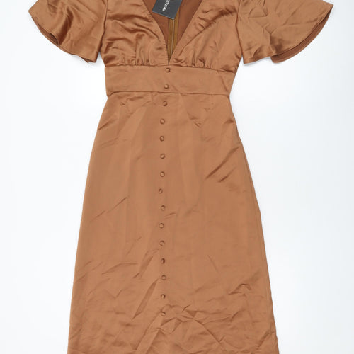 PRETTYLITTLETHING Womens Brown Polyester Shift Size 8 V-Neck Zip