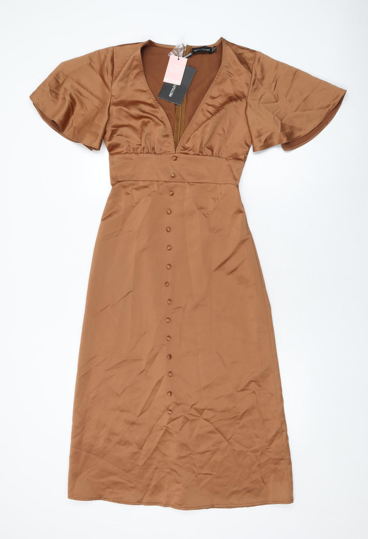PRETTYLITTLETHING Womens Brown Polyester Shift Size 8 V-Neck Zip