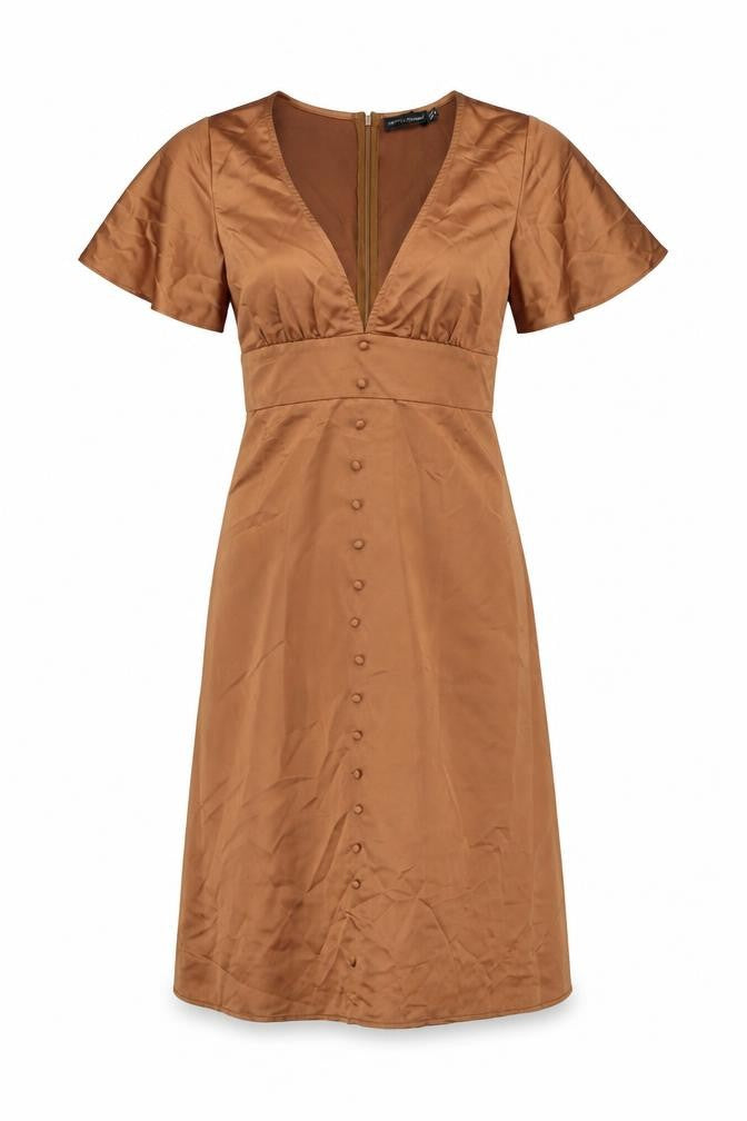 Front view of PRETTYLITTLETHING women’s brown polyester shift, size UK 8, v-neck zip