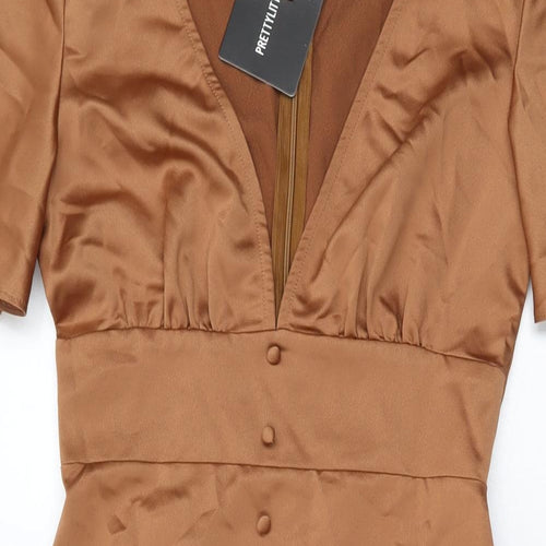 PRETTYLITTLETHING Womens Brown Polyester Shift Size 8 V-Neck Zip