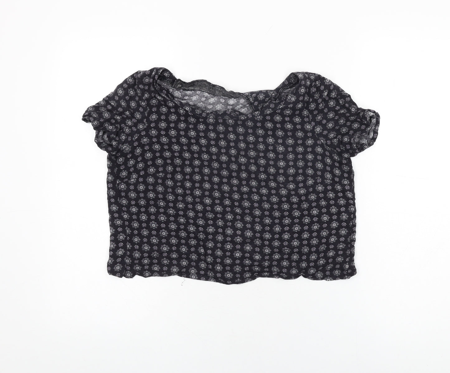 SoulCal&Co Womens Black Floral Viscose Cropped T-Shirt Size 2XS Round Neck
