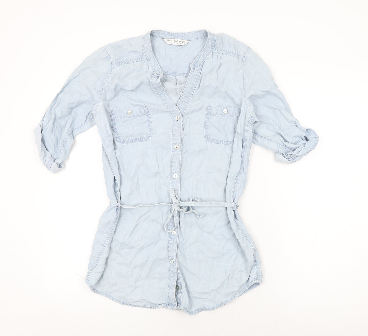 Autograph Womens Blue Lyocell Basic Button-Up Size 10 V-Neck