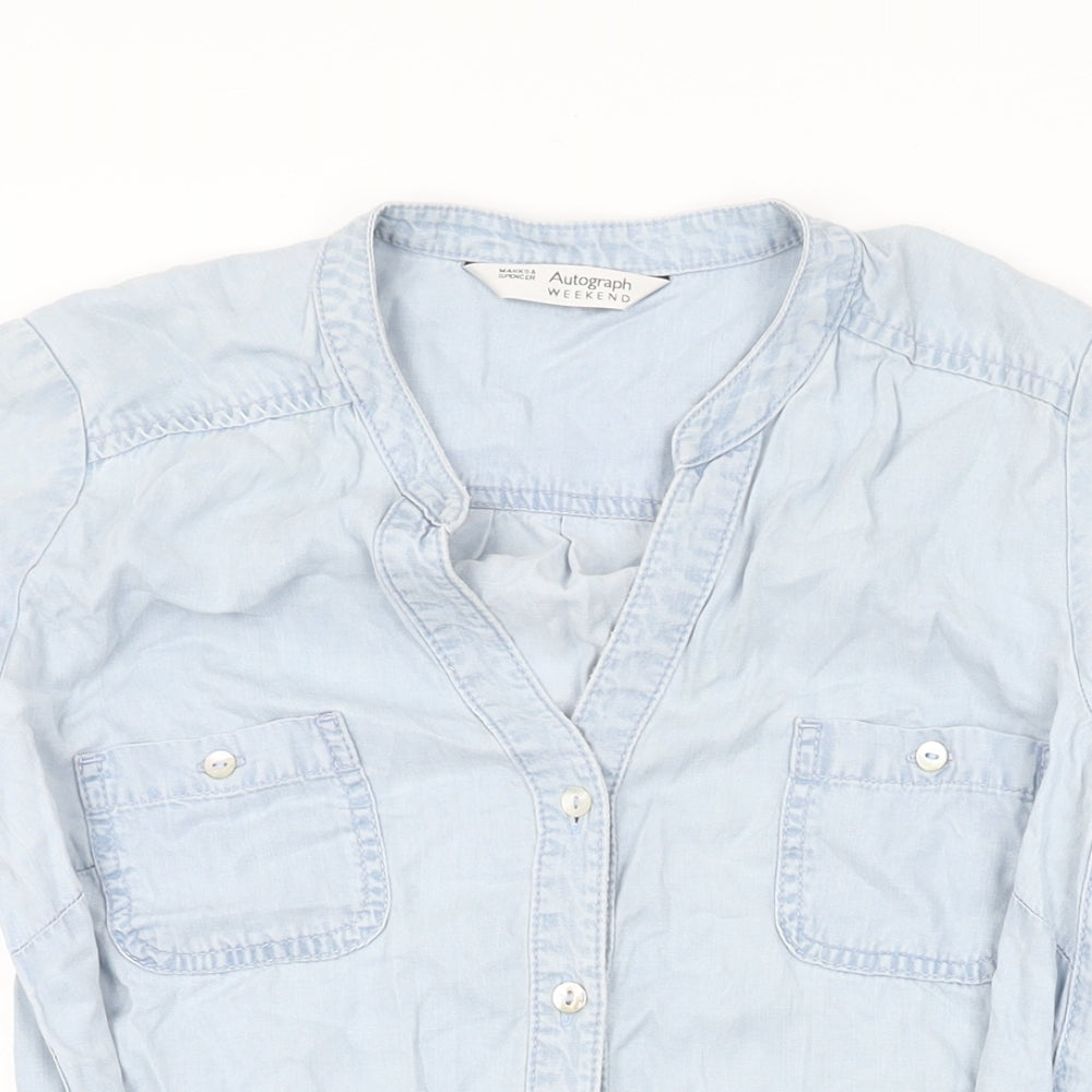 Autograph Womens Blue Lyocell Basic Button-Up Size 10 V-Neck