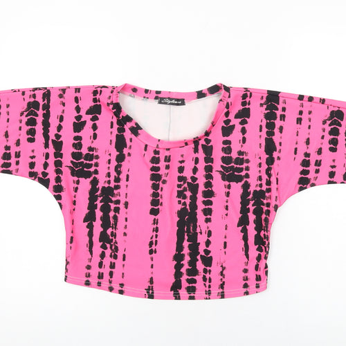 Stylewise Womens Pink Geometric Polyester Cropped T-Shirt Size M Round Neck