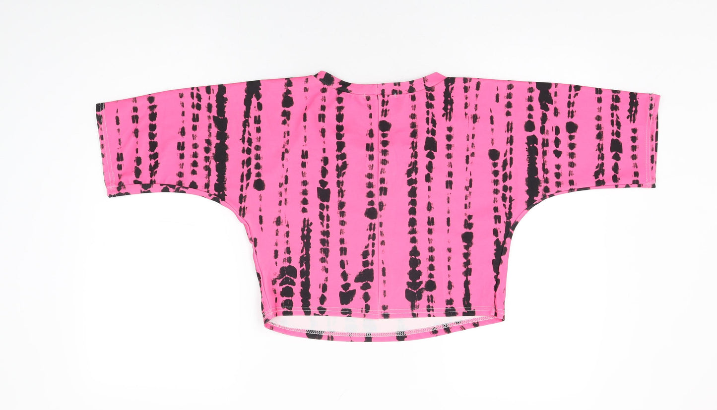 Stylewise Womens Pink Geometric Polyester Cropped T-Shirt Size M Round Neck