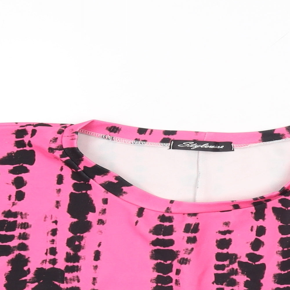 Stylewise Womens Pink Geometric Polyester Cropped T-Shirt Size M Round Neck