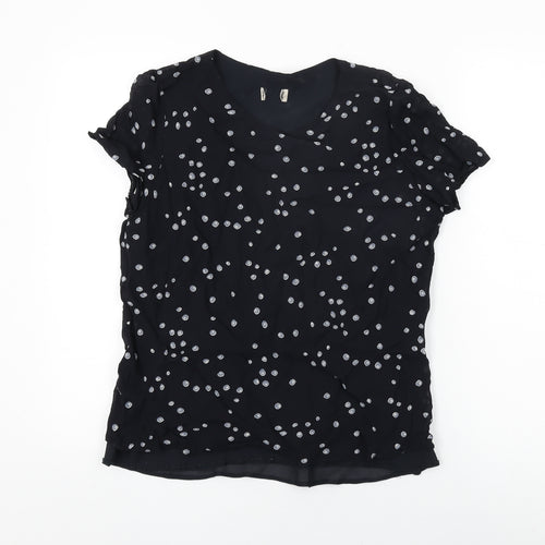 Debenhams Womens Black Polka Dot Viscose Basic T-Shirt Size 14 Round Neck