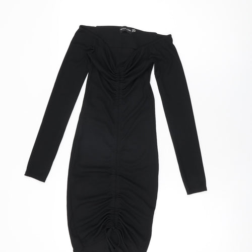 PRETTYLITTLETHING Womens Black Polyester Bodycon Size 6 Off the Shoulder Drawstring