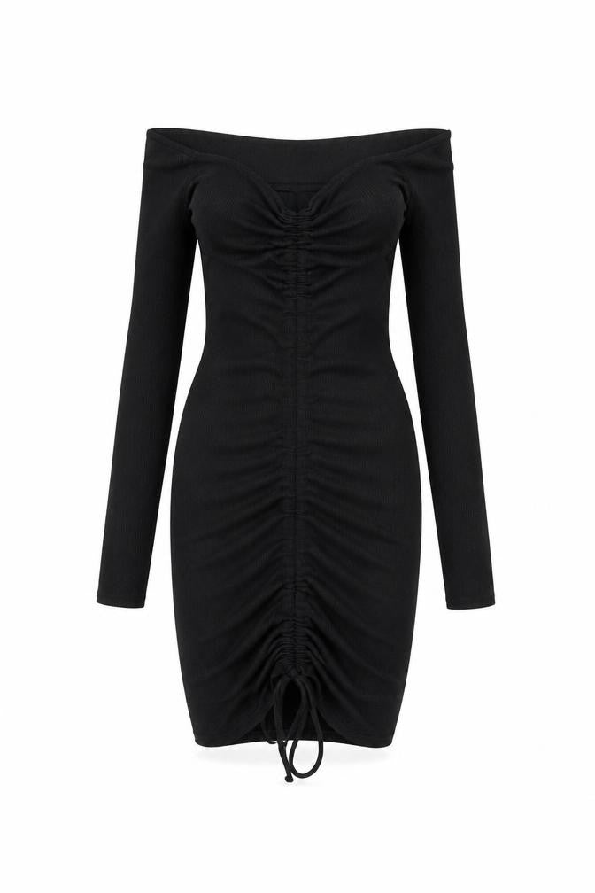 Front view of PRETTYLITTLETHING women’s black polyester bodycon, size UK 6, off the shoulder drawstring