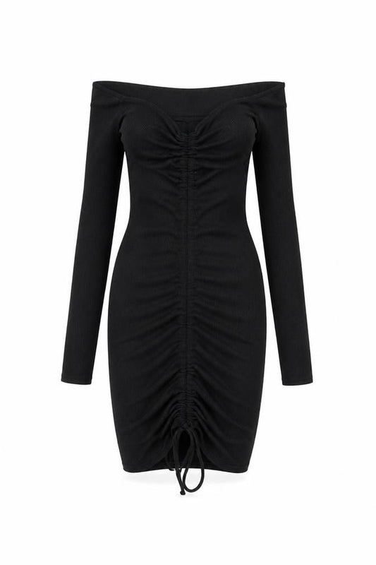 Front view of PRETTYLITTLETHING women’s black polyester bodycon, size UK 6, off the shoulder drawstring