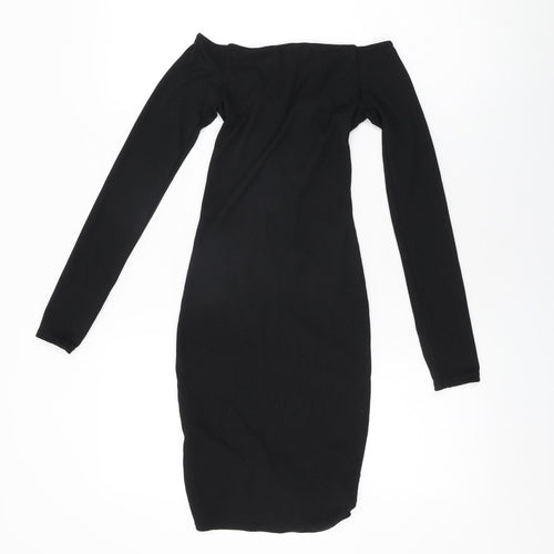 PRETTYLITTLETHING Womens Black Polyester Bodycon Size 6 Off the Shoulder Drawstring