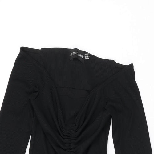 PRETTYLITTLETHING Womens Black Polyester Bodycon Size 6 Off the Shoulder Drawstring
