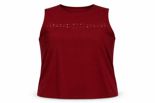 Front view of Feminine women’s red polyester basic t-shirt, size UK 18, round neck