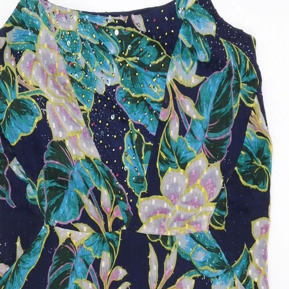 Per Una Womens Blue Floral Polyester A-Line Size 8 Round Neck Pullover