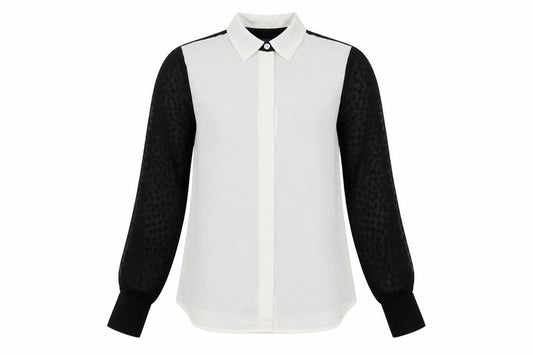 Front view of Vaudeville & Burlesque women’s white polyester basic button-up, size S, collared