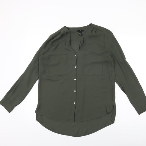 H&M Womens Green Polyester Basic Button-Up Size 8 V-Neck