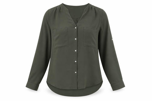 Front view of H&M women’s green polyester basic button-up, size UK 8, v-neck