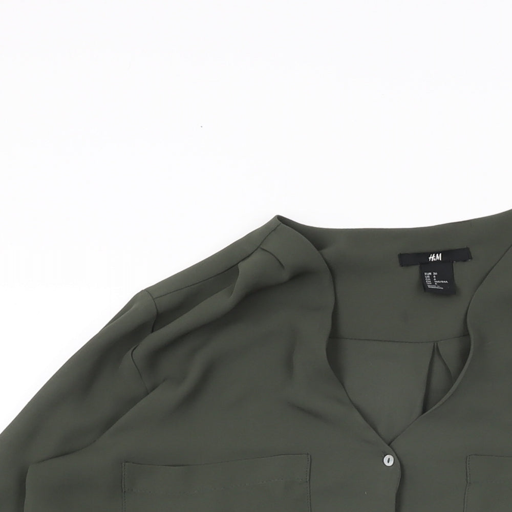H&M Womens Green Polyester Basic Button-Up Size 8 V-Neck