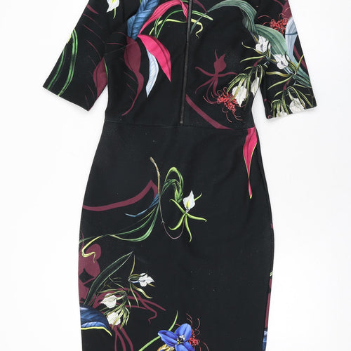 NEXT Womens Black Floral Polyester Bodycon Size 10 Round Neck Zip