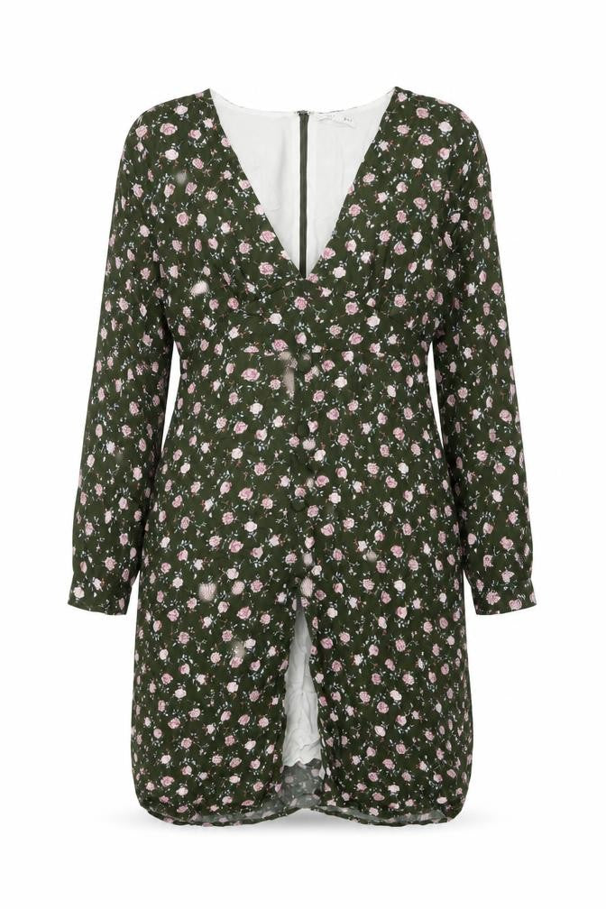 Wild Honey Womens Green Floral Rayon Shift Size XL V-Neck Zip
