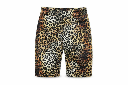 Front view of Collusion women’s beige animal print polyester biker shorts, size UK 8, 7.5-inch leg regular pull on