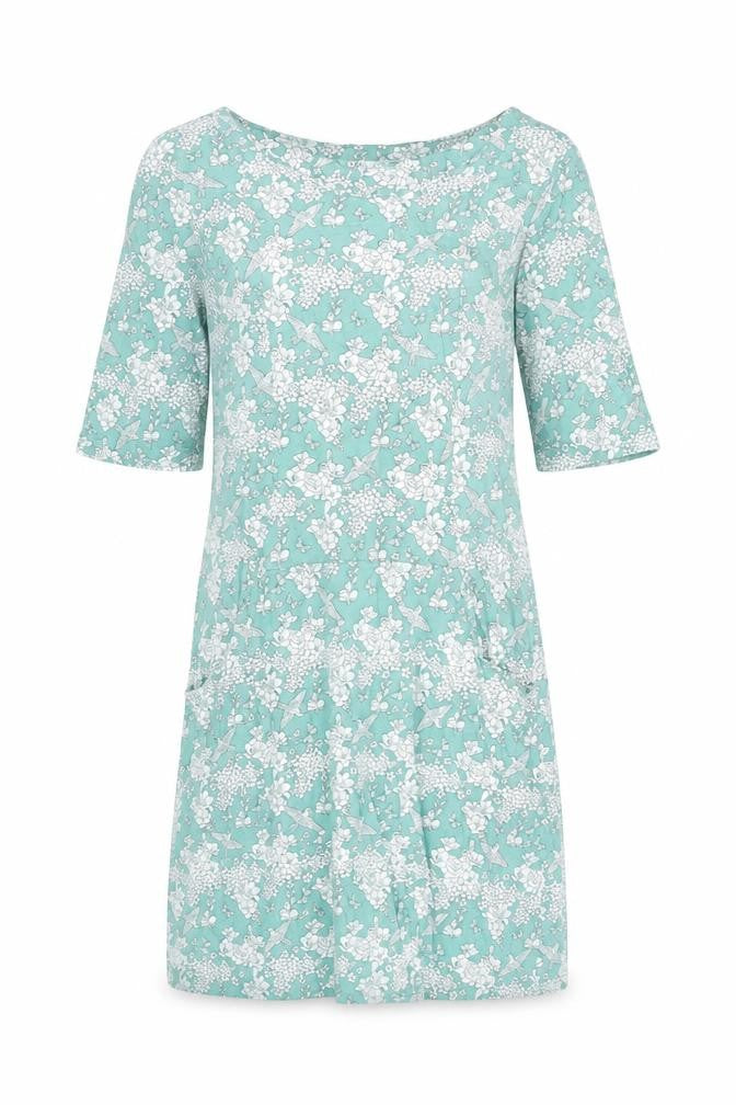 Front view of M&Co women’s green floral cotton shift, size UK 12, round neck pullover