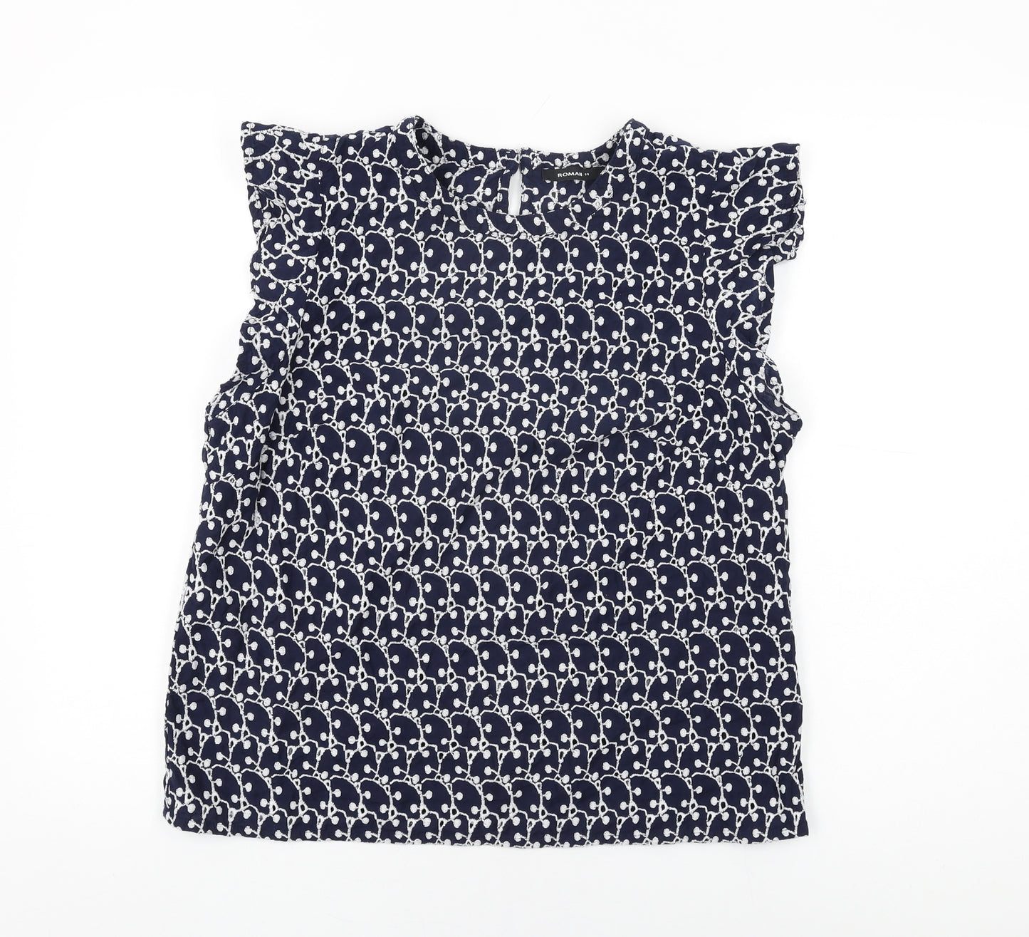 Roman Womens Blue Geometric Cotton Basic T-Shirt Size 14 Round Neck