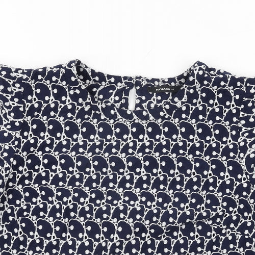 Roman Womens Blue Geometric Cotton Basic T-Shirt Size 14 Round Neck