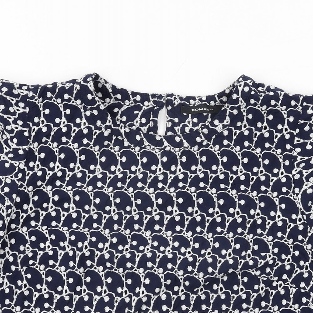 Roman Womens Blue Geometric Cotton Basic T-Shirt Size 14 Round Neck