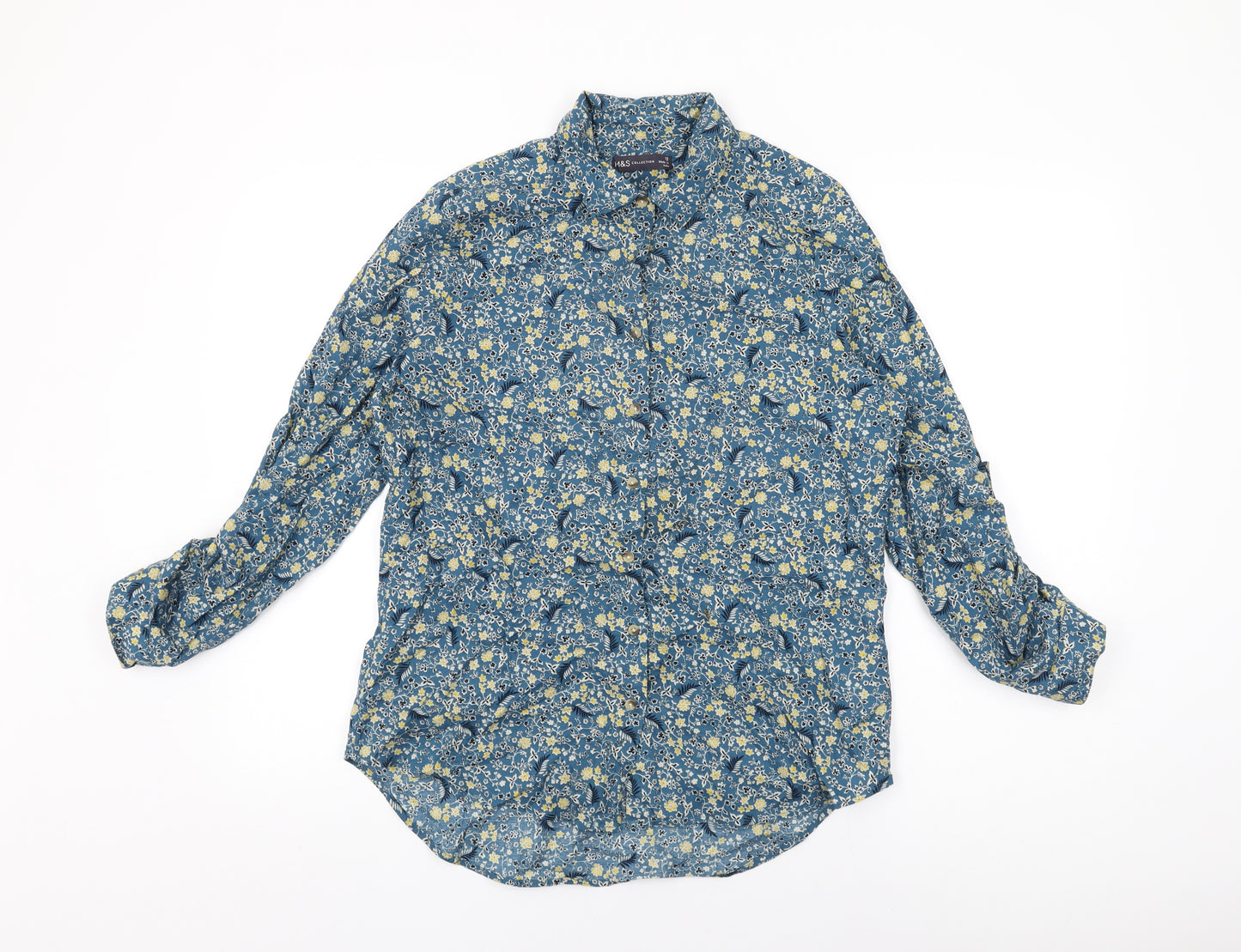 Marks and Spencer Womens Blue Floral Cotton Basic Button-Up Size 12 Collared