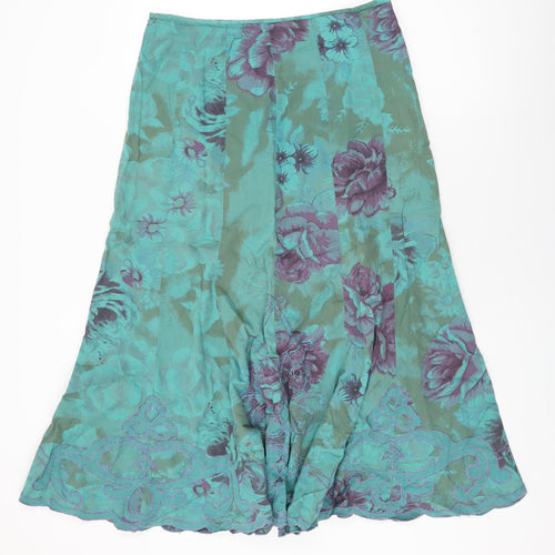 Per Una Womens Green Floral Cotton Flare Skirt Size 12 Zip
