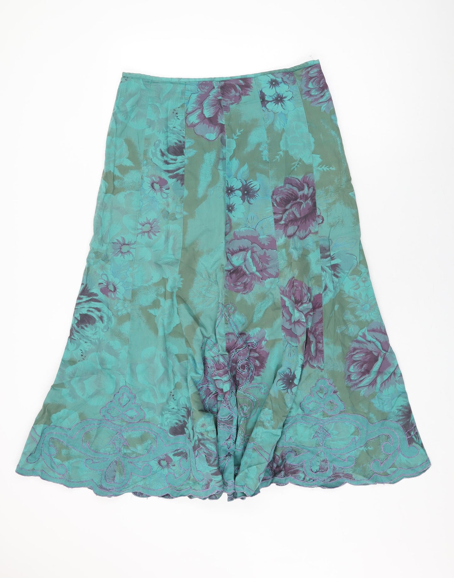 Per Una Womens Green Floral Cotton Flare Skirt Size 12 Zip