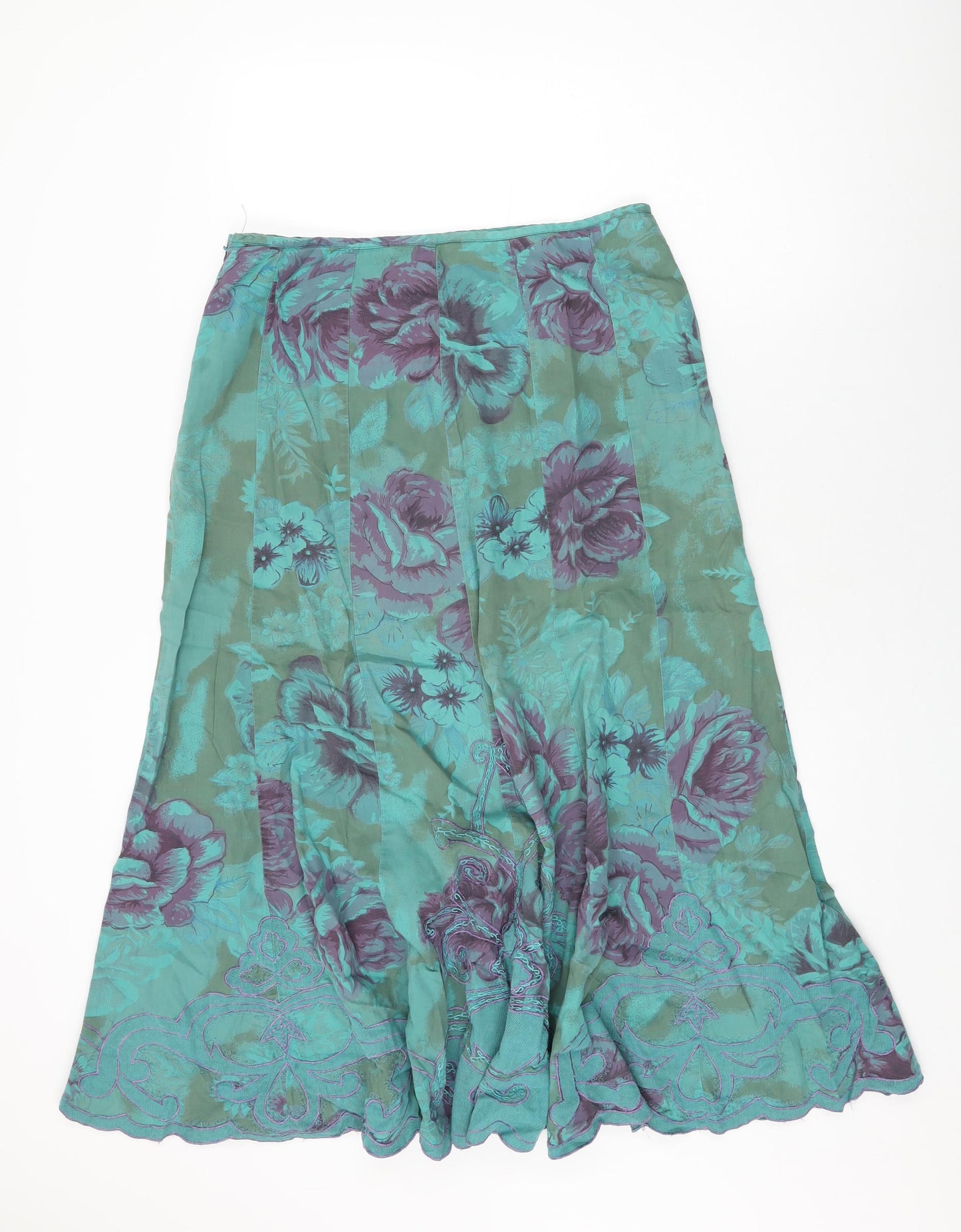 Per Una Womens Green Floral Cotton Flare Skirt Size 12 Zip