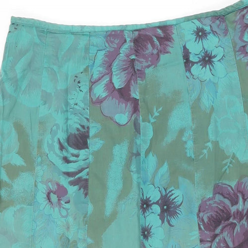 Per Una Womens Green Floral Cotton Flare Skirt Size 12 Zip