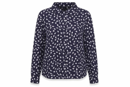 Front view of Marks & Spencer women’s blue geometric polyester basic button-up, size UK 14, collared